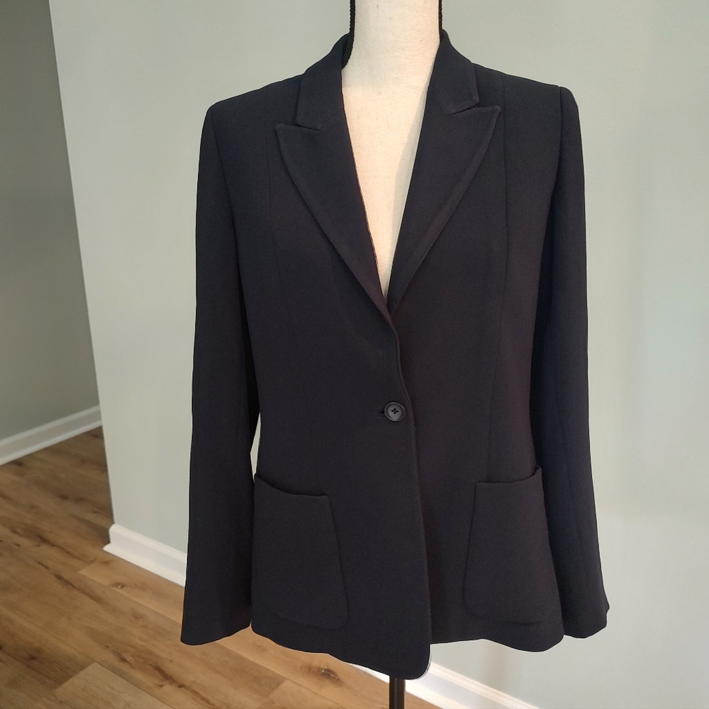 Elie Tahari One-Button Minimalist Jacket Office Blue Patch Pockets Size 4